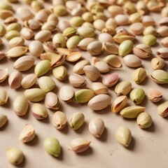 Soft focus pistachio shells scattered on a neutral beige background, empty space , abstract composition, texture