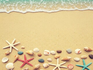 조개와 파도가 있는 여름 바다 해변 배경