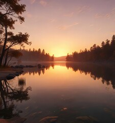 Obraz premium Softly glowing orange hues in the background of a serene lake scene at dusk, natural serenity, sunset glow