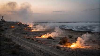 Fototapeta premium Softly glowing wisps of smoke waft across a desolate wasteland, casting an unsettling glow, abandoned terrain, glowing smoke, mysterious radiation, otherworldly light