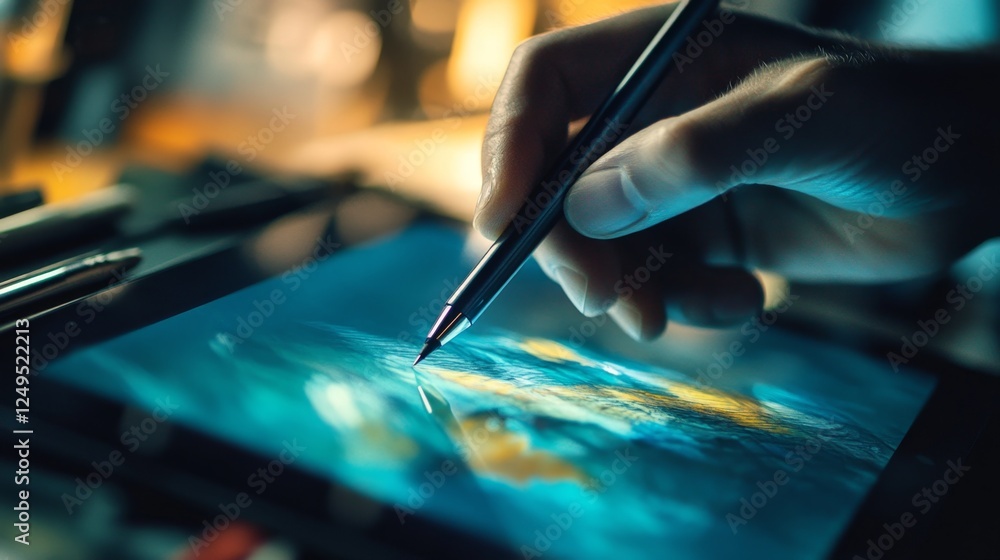 Poster stylus interaction with tablet screen digital workspace highdefinition image modern environment clos