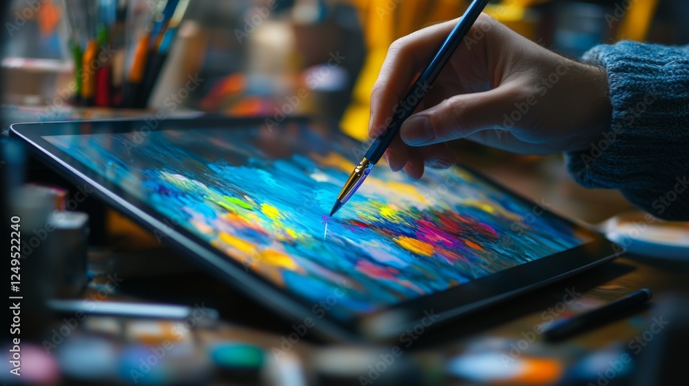 Poster creating digital art home studio high-definition image modern environment close-up view stylus on ta