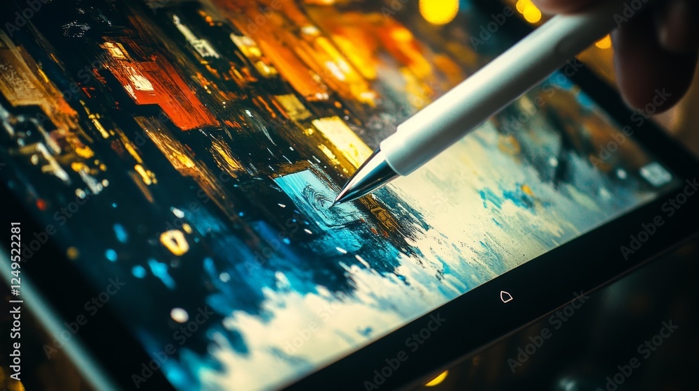 Poster creating digital art tablet screen high-definition image digital environment close-up view stylus in