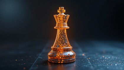 Glowing amber chess king piece on a reflective surface