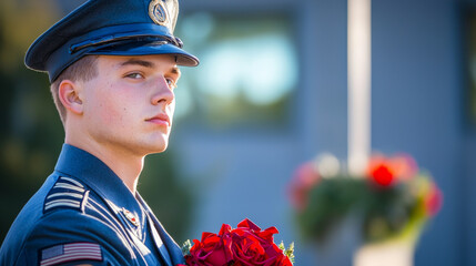 Young Caucasian Soldier in Formal Uniform Holding Red Roses on American Memorial Day. Concept of Honor, Military Service, National Remembrance, Patriotic Tribute. Copy space