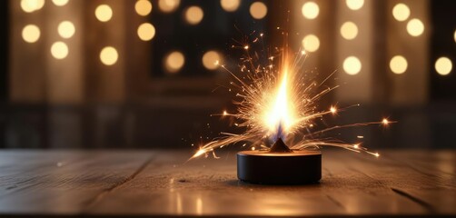 Sparkler on a tabletop with flames dancing in the bokeh light background, , flame, firelight