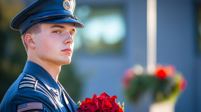 Young Caucasian Soldier in Formal Uniform Holding Red Roses on American Memorial Day. Concept of Honor, Military Service, National Remembrance, Patriotic Tribute. Copy space
