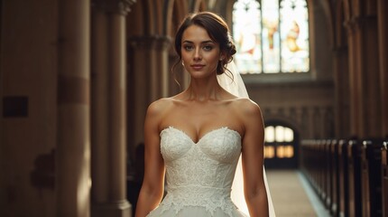 Fototapeta premium Elegant Bride in a Corset Bodice Wedding Dress Standing in a Grand Cathedral