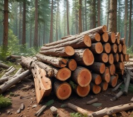 Split cedar wood logs scattered on the forest floor, log pile, cedar wood