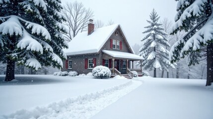 Naklejka premium A charming gray house nestled amongst snow-laden evergreen trees, a pristine walkway leading to its inviting entrance, a picturesque winter scene.