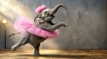 Playful elephant balancing gracefully on tiptoes in ballet studio. concept of animal humor, dance, elegance, whimsy, funny pet. Copy space © Jafree