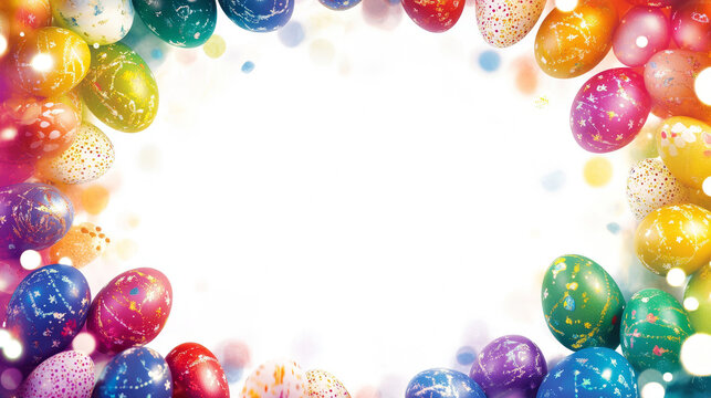 Colorful easter egg border with glowing rainbow colors. concept of festive decoration, holiday celebration, vibrant easter art, spring cheerfulness. Art. Copy space