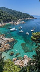 Fototapeta premium Coastal view, yachts, turquoise water, lush hills. Use for tourism, travel, vacation
