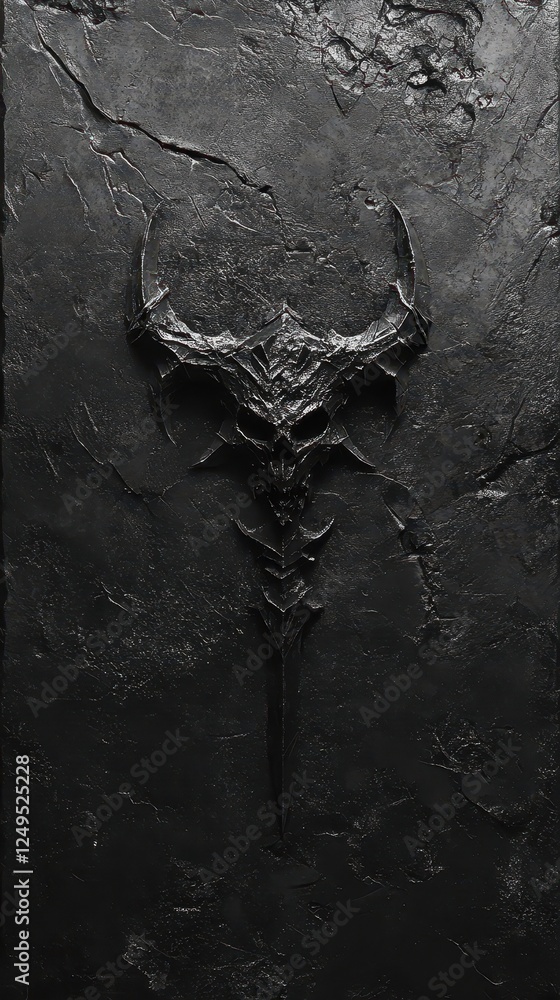 Poster carved demonic emblem embedded within dark rough textured surface