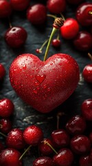 Heart-shaped cherry with dew surrounded by fresh cherries
