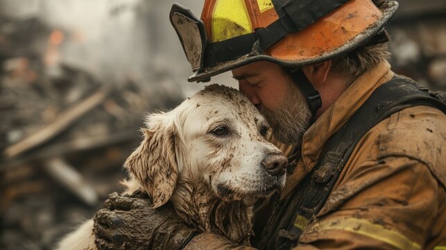 Firefighter embraces rescued dog amidst rubble with love and compassion