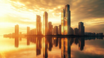 Fototapeta premium Beautiful cityscape reflected in calm water during a golden sunset