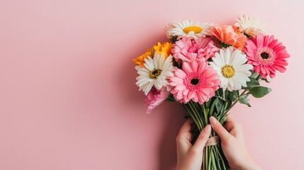 Hands gently holding a bouquet of mixed seasonal flowers against a pastel pink background. Soft and dreamy aesthetic.