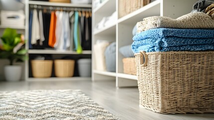 Cozy wardrobe corner with storage baskets and soft blankets, home organization and decluttering