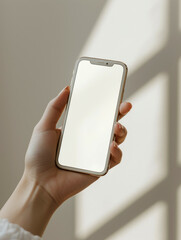 Close up shot of unrecognizable woman holding smart phone with white screen mockup, in front of a background with soft shadows and white atmosphere. Calm and contemporary style.