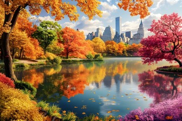 Autumnal Central Park lake, city skyline reflection, fall foliage, scenic postcard