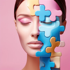 Creative portrait, woman's half of the faceof several puzzle pieces in pastel soothing tones. Concept of feelings. Emotional chaos in a person's head. crisis