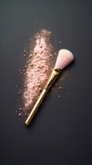 Golden Makeup brush and pink blush powder splatter on black background. Pink shimmer powder, eyeshadow, highlighter. Without people, Illustration. Generative AI