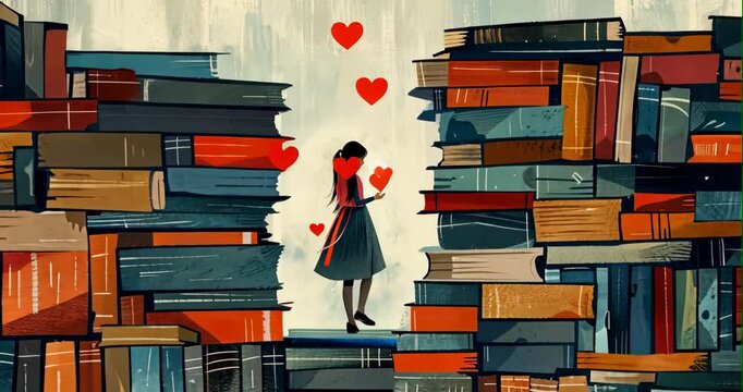 A librarian matches hearts through books in this whimsical flat design love illustration