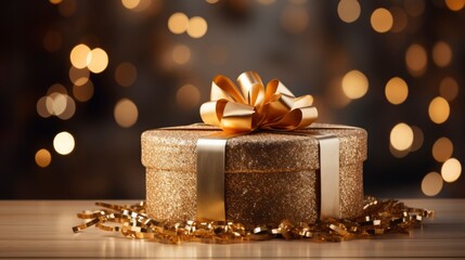 Golden gift. A round box, it gleams with festive allure. elegance and cheer, transmits opulence and celebration. decorative shinny confetti and amidst a bokeh backdrop. Birthday, Valentine's Day