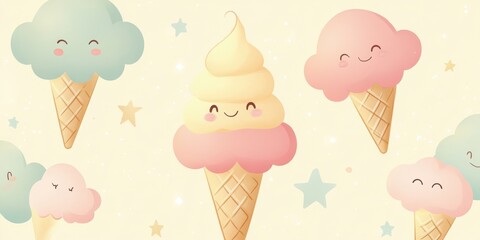 Cute smiling ice cream cones with pastel colors and stars in playful pattern
