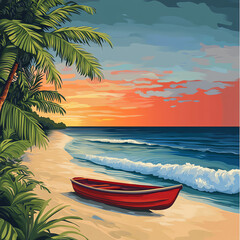 A serene beach sunset with a red boat resting on the shore, surrounded by lush palm trees under a colorful sky.
