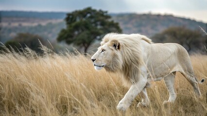 A breathtaking hyper realistic 16K resolution photograph of a rare White Lion walking gracefully AI Generative