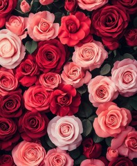 Fototapeta premium Vibrant red and pink roses creating a lush floral background