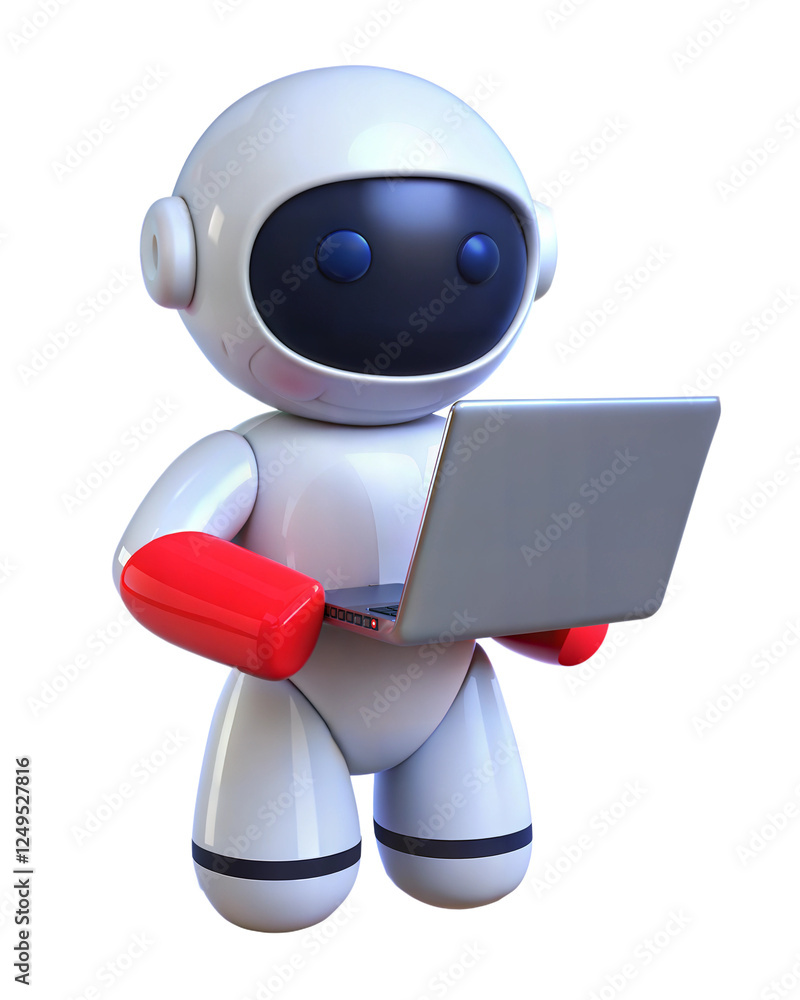 Poster futuristic robot using a laptop, isolated on white background. robot icon. ai concept.