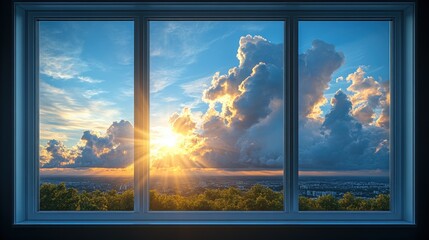 Majestic sunrise over cityscape viewed through large window with vibrant clouds