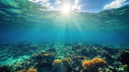 Fototapeta premium Sunlit coral reef underwater view with stunning blue ocean rays