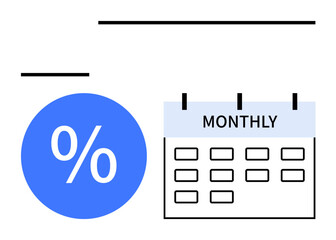 Blue percentage sign near monthly calendar grid symbolizes economic concepts thumbs up banking, loan interest, budgeting. Ideal for finance, savings, planning, scheduling, accounting, investments