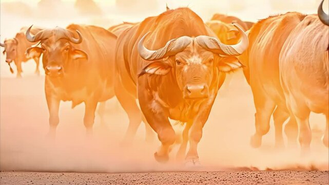 A herd of water buffalo running in a dusty environment, creating a cloud of dust as they move.