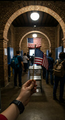 Vote America! Patriotic Duty at the Polls: Democracy in Action with US Flag. Exercise your right to vote!