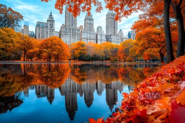 Autumnal Central Park reflection, skyscrapers, fall foliage, cityscape