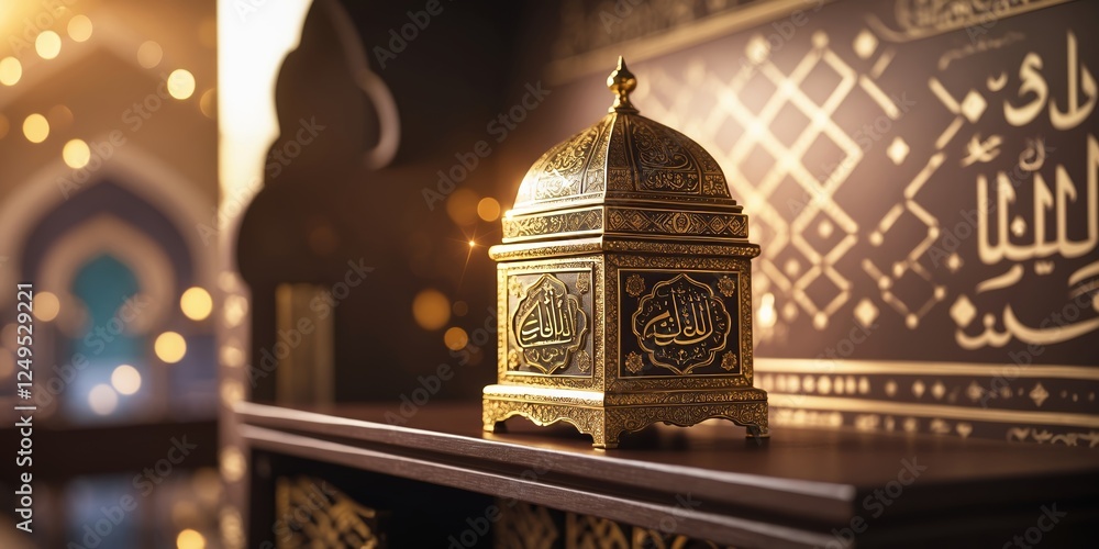 Poster intricate decorative box with arabic calligraphy displayed in an elegant setting illuminated by soft