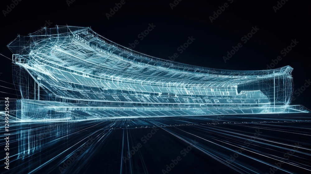 Aufkleber abstract futuristic building structure composed of glowing light points, dark background, digital ar