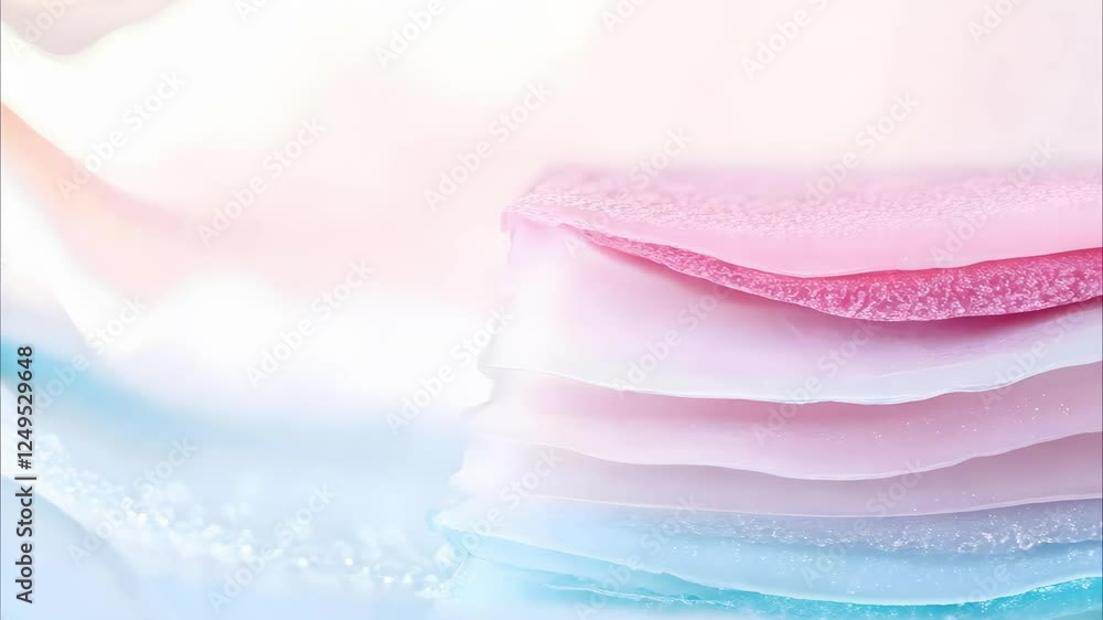Poster layers of translucent gel in various pastel colors, arranged neatly and partially overlapping, creat