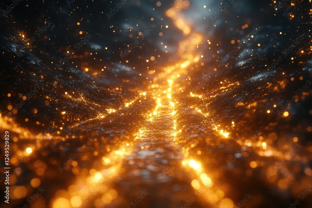 Poster a mesmerizing view of glowing lava-like textures and sparkling particles.