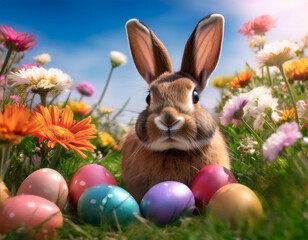 Fototapeta premium Osterhase versteckt bunte Eier in blühender Wiese