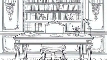 Fototapeta premium Ornate study room, vintage, lined with bookshelves, detailed decor, for coloring book