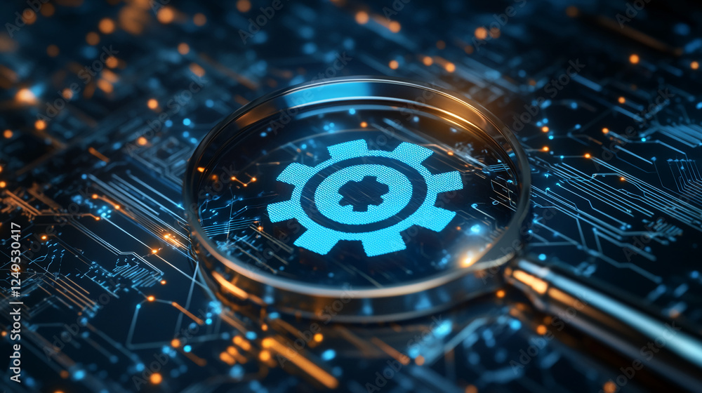 Poster close-up view of a magnifying glass focused on a digital circuit board with a glowing gear icon, sym