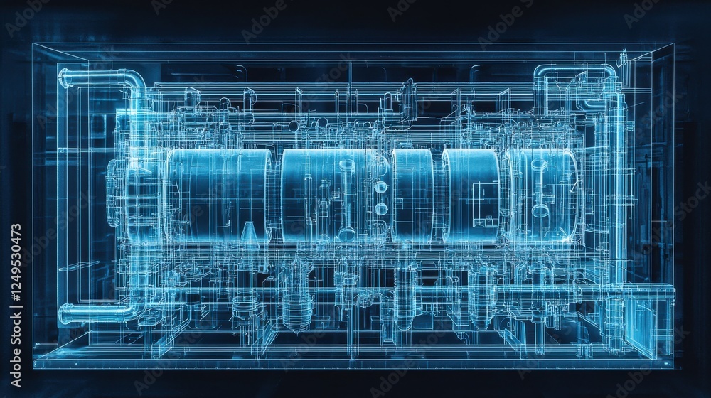 Aufkleber abstract, digital rendering of complex machinery, glowing blue lines and shapes within a transparent