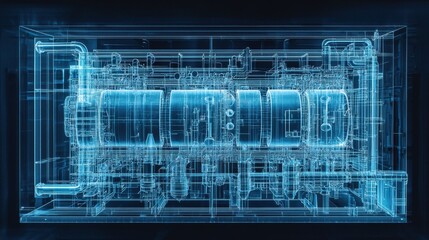 Abstract, digital rendering of complex machinery, glowing blue lines and shapes within a transparent, box like structure.