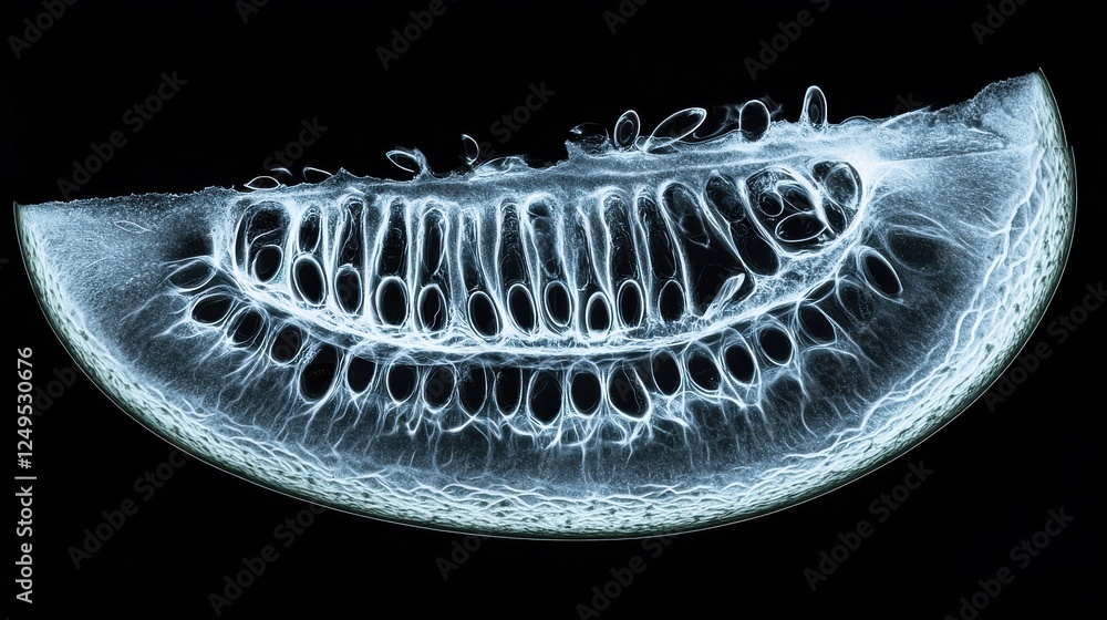 Poster x ray slice of a watermelon, showing internal structure with pixelated detail against black backgrou